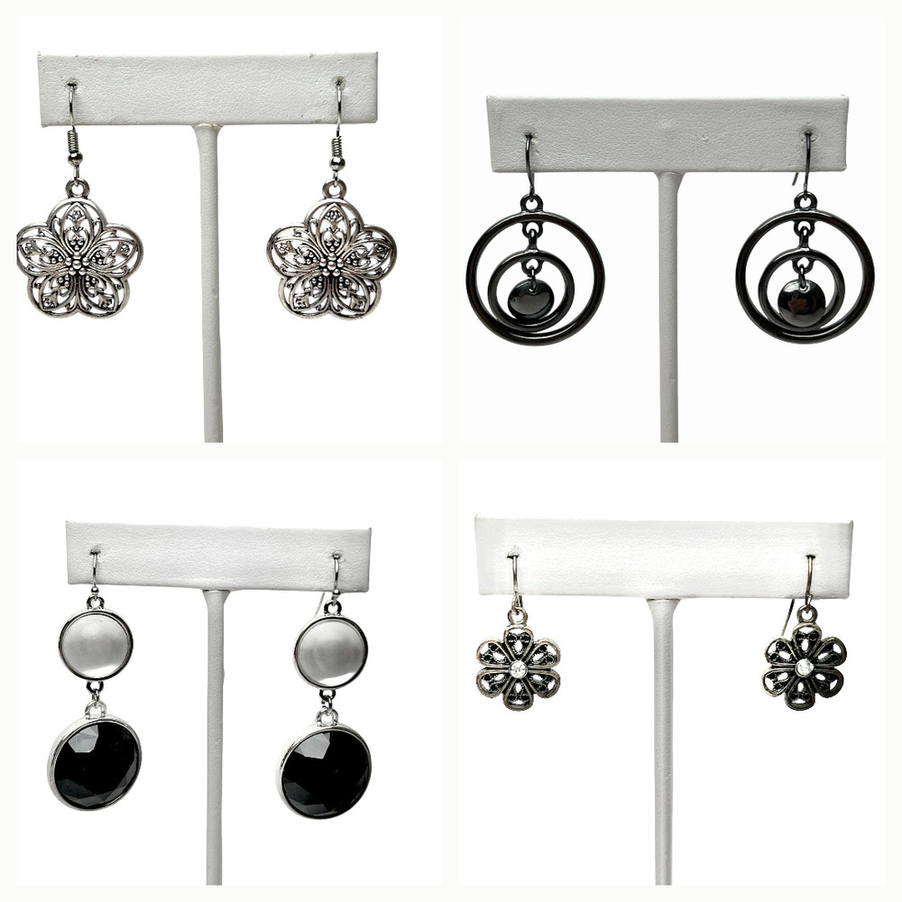 Lot 4 Pairs Silver Tone Earrings Filigree Flower Boho Goth Geometric Drop Dangle